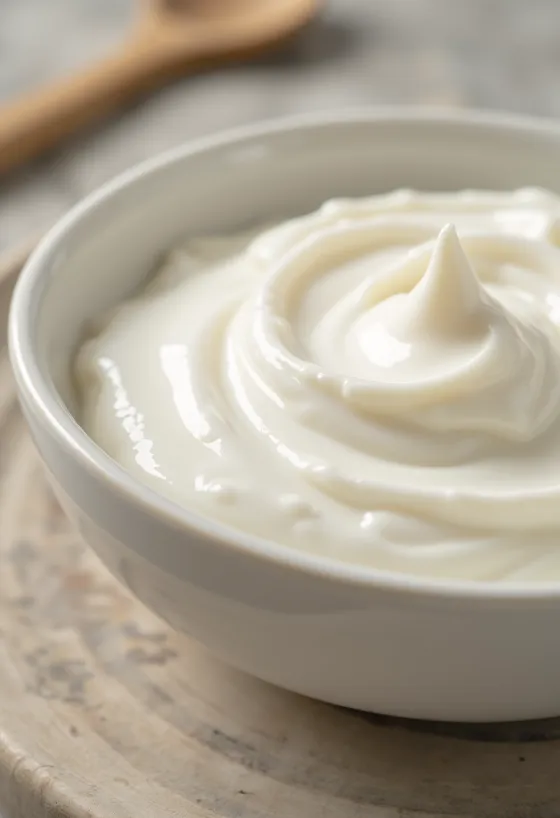 Biely jogurt v sklenenej miske, s lyžičkou, na drevenom pulte
