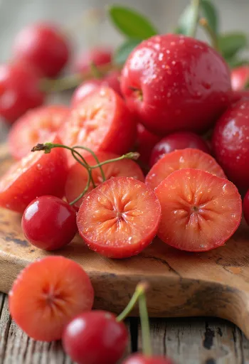 Čerstvá acerola, nakrájaná aj vcelku na neutrálnom podklade