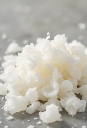 Agar prášok a agarové vločky na drevenom povrchu, v miske a vedľa hotové želé