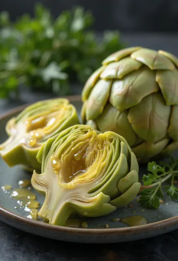 Artičokové srdiečka, jemne očistené, pred rustikálnym dreveným pozadím