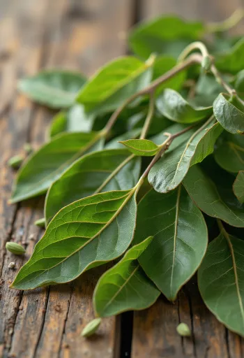 Sušené bobkové listy na drevenej kuchynskej doske, v prírodnej forme