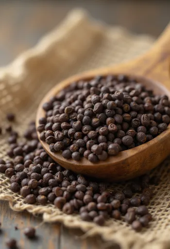 Hnedé horčičné semienka celé ako sušené korenie na drevenom povrchu