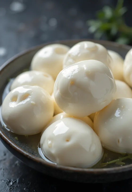 Čerstvá byvolia mozzarella v bielej keramickej miske na drevenom stole