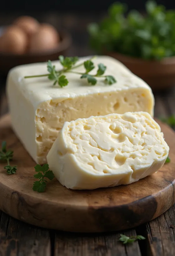 Byvolie maslo v malej keramickej miske, krémový tuk svetlej farby