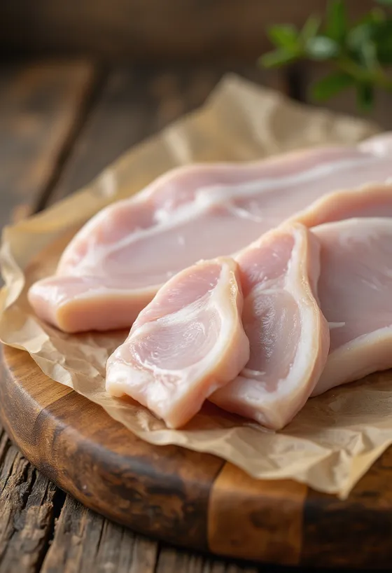 Nakrájaná surová bravčová koža na drevenej doske, čistená a pripravená