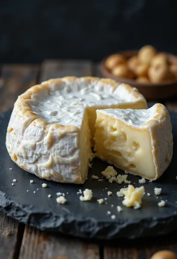 Čerstvý Brie syr v bielej keramickej miske na drevenom stole