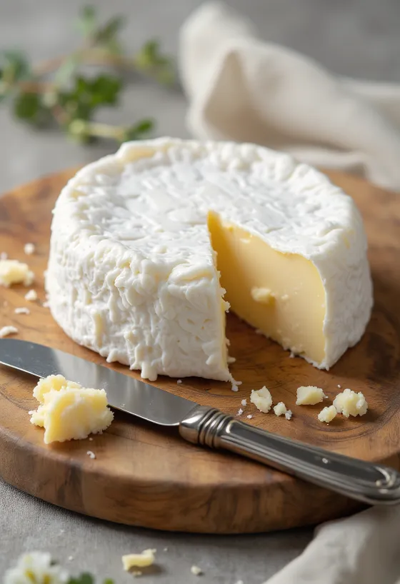 Nakrájaný syr brie na drevenej doske s krémovým vnútrom