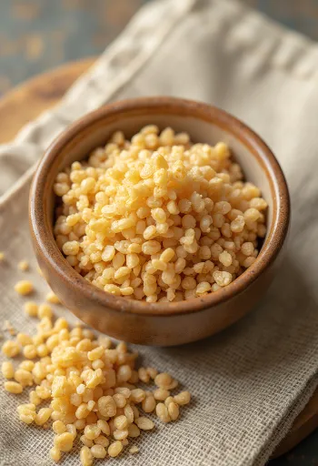 Surový bulgur v keramickej miske, zrná rozsypané na drevenom povrchu