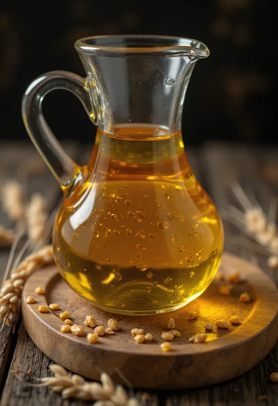 Olej z pšeničných klíčkov v malej sklenej miske, vedľa zrná a klíčky