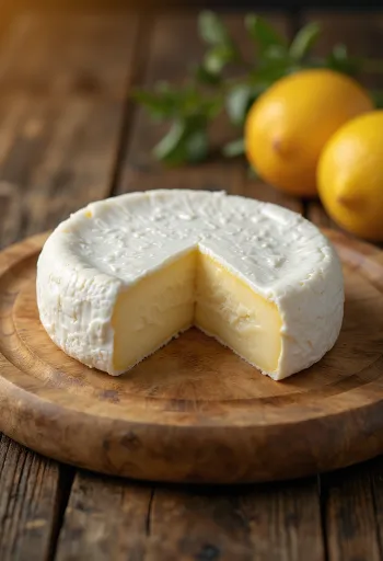 Čerstvý Camembert syr v bielej keramickej miske na drevenom stole
