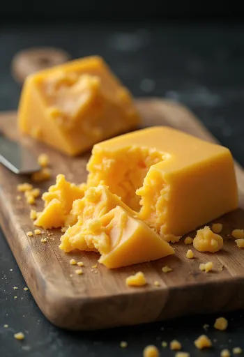 Nakrájaný a na kocky pokrájaný syr Cheddar na drevenej doske