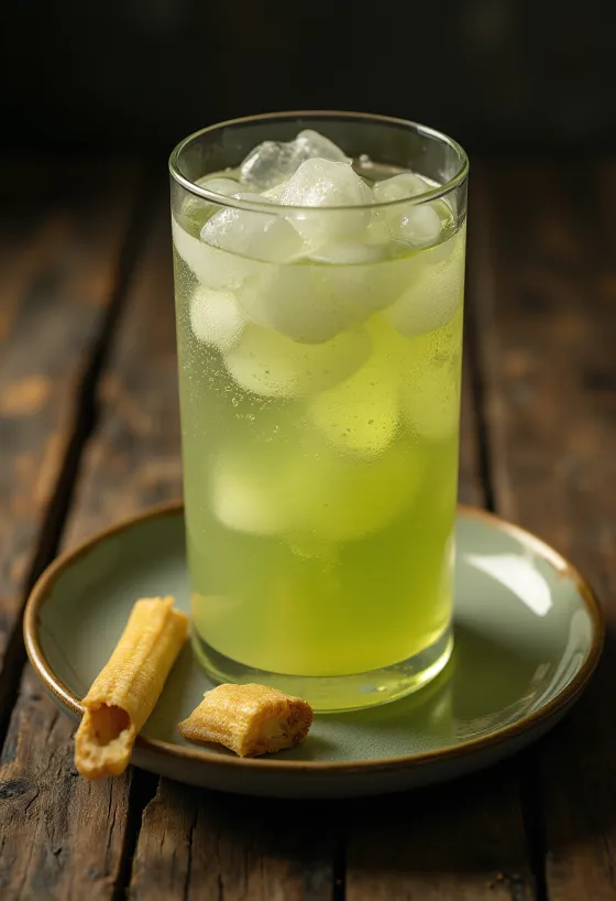 Čerstvá šťava z cukrovej trstiny v pohári s kúskami nasekanej trstiny