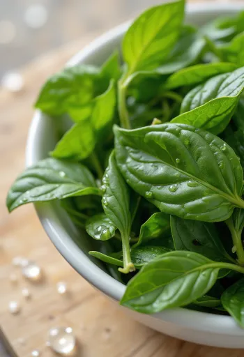 Čerstvé kari lístky na drevenom kuchynskom povrchu, časť z nich nasekaná v miske