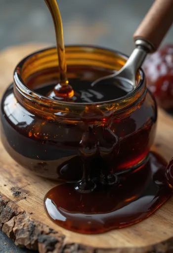 Datľový sirup v malej fľaštičke, hustý hnedý sirup stekajúci z varechy