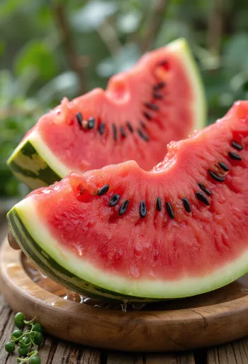 Čerstvý, nakrájaný červený melón s červenou dužinou a čiernymi semienkami na drevenom povrchu