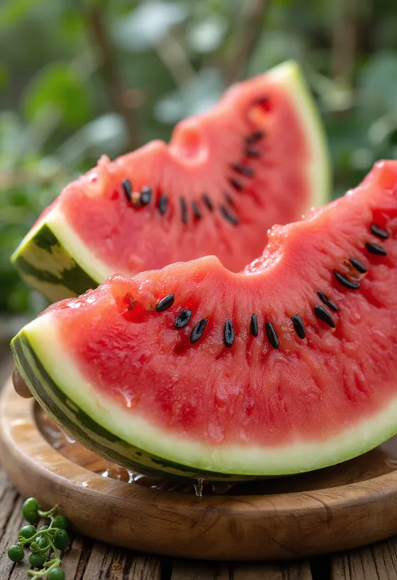 Čerstvý, nakrájaný červený melón s červenou dužinou a čiernymi semienkami na drevenom povrchu