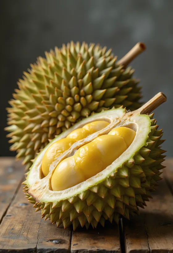 Celé a nakrájané ovocie durian s ostnatou šupkou a krémovou vnútornou dužinou