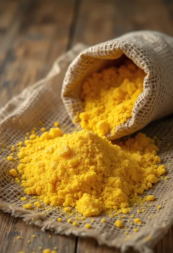 Hrubá, zlatožltá kukuričná múka (polenta) v drevenej miske a rozsypaná na povrchu