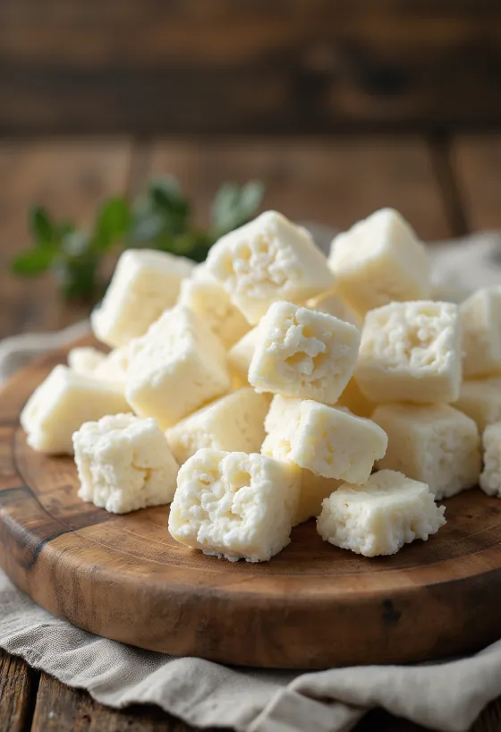 Čerstvá, hrudkovitá sladká urda v bielej keramickej miske