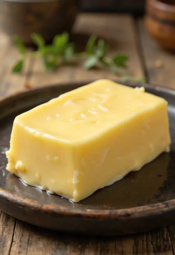 Krémové maslo zo sladkej smotany v malej nádobe na rustikálnom povrchu