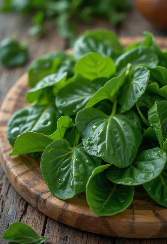 Čerstvé listy batátov v surovom stave, natrhané, v miske alebo na kôpke