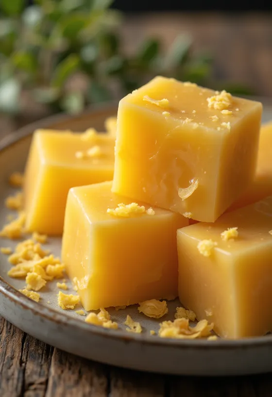 Potravinársky včelí vosk v bloku a strúhaný na drevenom povrchu