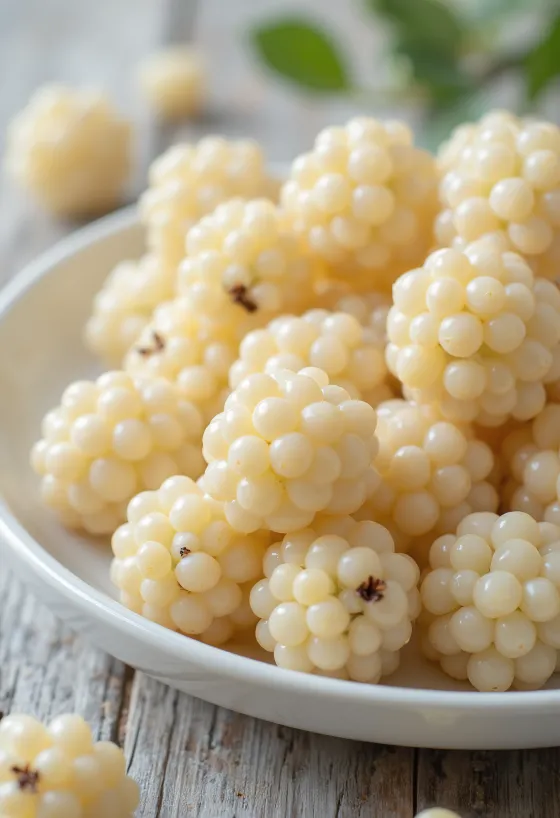 Čerstvé plody moruše bielej (Morus alba) prekrojené a vcelku na čistom povrchu