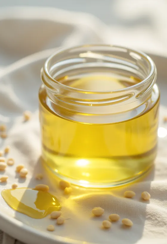 Olej z bieleho sezamu vo fľaši a miske, vedľa sezamové semienka