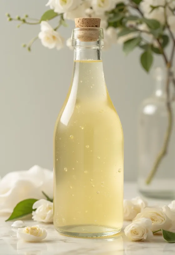 Biely vínny ocot v sklenenej miske, vedľa biele hrozno, hroznový mušt a fľaša s octom