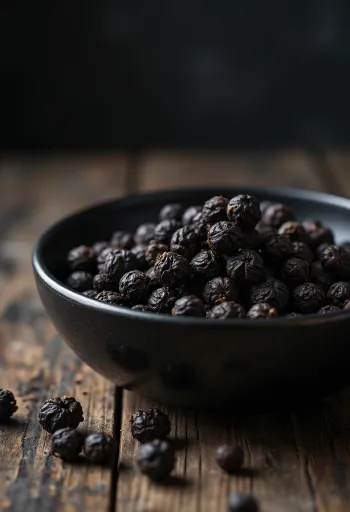 Celé čierne korenie v drevenej miske a rozsypané