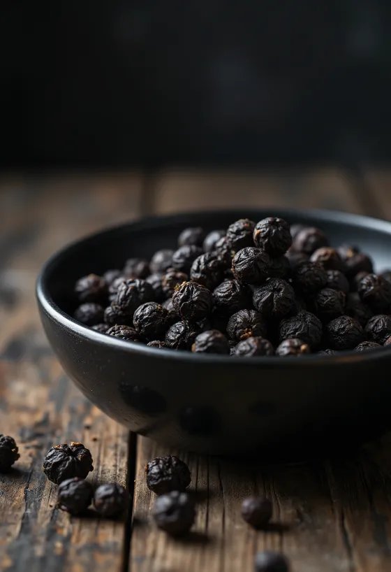 Celé čierne korenie v drevenej miske a rozsypané