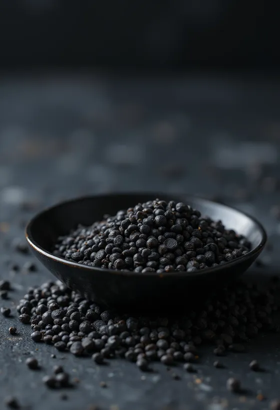 Čierne horčičné semienka celé v miske na drevenom stole