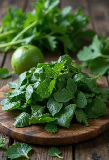 Spracované listy manioku (cassava), rozmixované v miske, tmavozelená farba