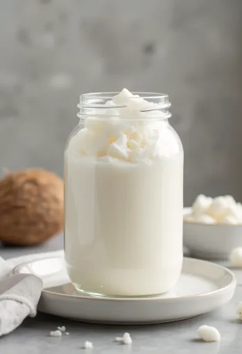 Rafinovaný kokosový olej v malej miske, vedľa biely strúhaný kokos