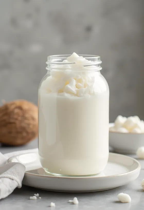 Rafinovaný kokosový olej v malej miske, vedľa biely strúhaný kokos