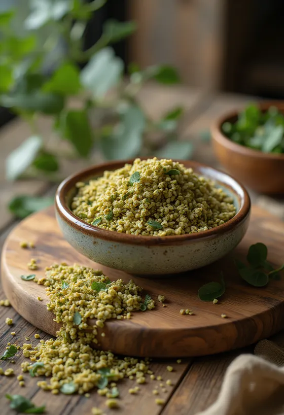 Zrná freekeh a varený freekeh v miske na drevenom povrchu