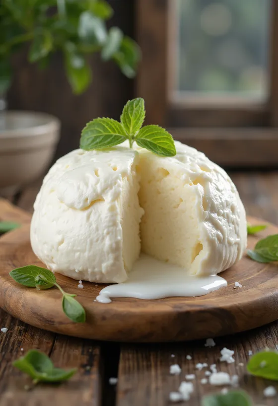 Čerstvá mozzarella z kravského mlieka v bielej miske na drevenom stole