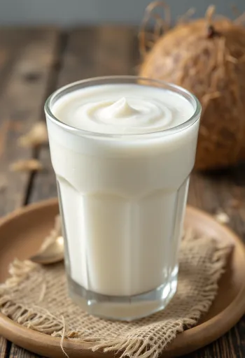 Čerstvo lisované kokosové mlieko v malej sklenenej miske, na svetlom pozadí