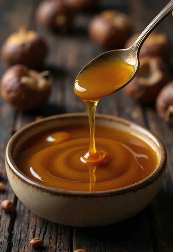 Tmavý gaštanový med v pohári s medovou naberačkou a kvetmi