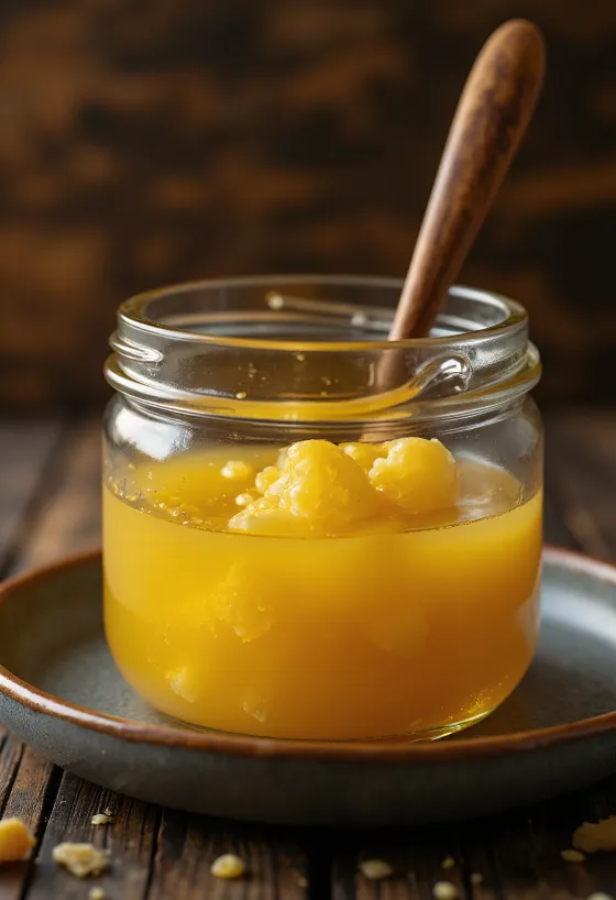 Ghee maslo v sklenenej miske s lyžičkou