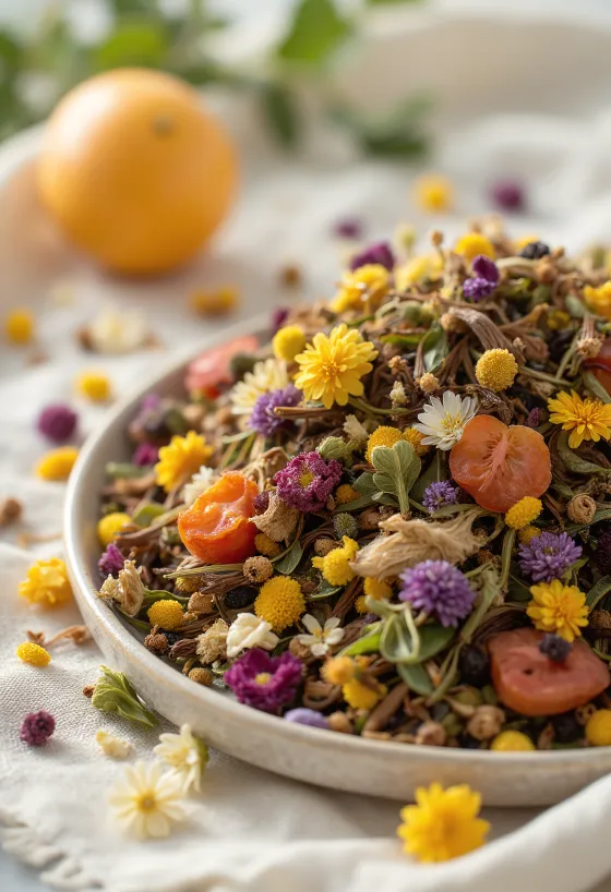 Bylinný čaj sypaný, sušená rastlinná zmes v miske a rozsypaná s vareškou