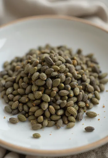 Nelúpané konopné semienka zblízka, rozsypané na svetlom povrchu