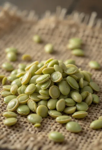 Lúpané konopné semienka zblízka, rozsypané na svetlom povrchu