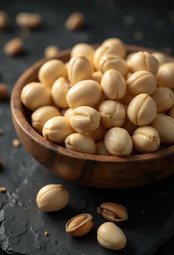 Lúpané makadamové orechy v prirodzenej kope, na bielom pozadí