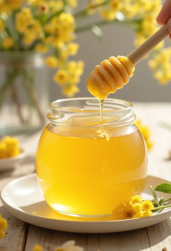 Lipový med v pohári s medovou naberačkou a lipovými kvetmi
