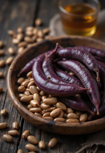 Semená fazule hyacintovej (lablab) s typickou bielou jazvou