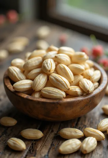 Surové zrná slzovky (Jóbove slzy) na drevenom stole