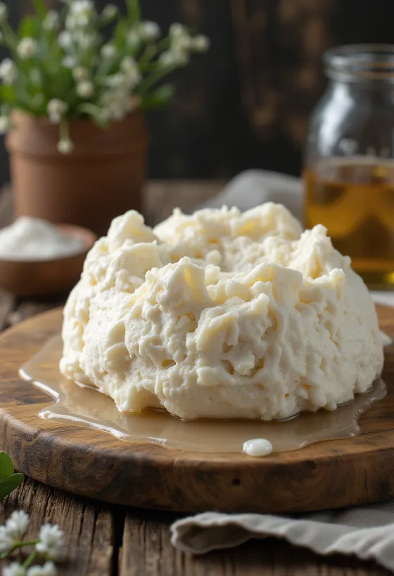 Čerstvý ovčí hrudkový syr nakrájaný na drevenej doske