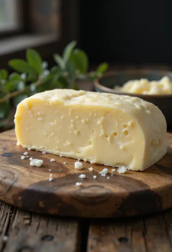 Ovčie maslo v malej miske, krémová konzistencia, na rustikálnom drevenom povrchu