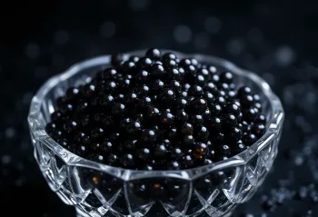 Čierny kaviár v elegantnej miske alebo na perleťovej lyžičke ako luxusná surovina